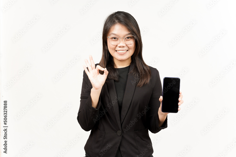 Showing Apps or Ads On Blank Screen Smartphone Of Beautiful Asian Woman Wearing Black Blazer Showing Apps or Ads On Blank Screen Smartphone Of Beautiful Asian Woman Wearing Black Blazer