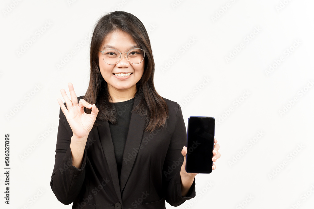 Showing Apps or Ads On Blank Screen Smartphone Of Beautiful Asian Woman Wearing Black Blazer Showing Apps or Ads On Blank Screen Smartphone Of Beautiful Asian Woman Wearing Black Blazer