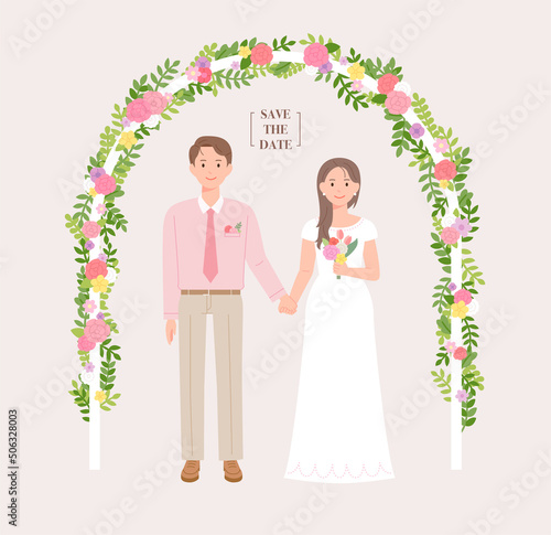 Bride and groom characters holding hands under an arch decorated with flowers. flat design style vector illustration.