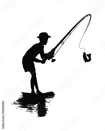 Man fishing silhouette vector illustration. Silhouetted fisherman. Fishing with a fishing rod.