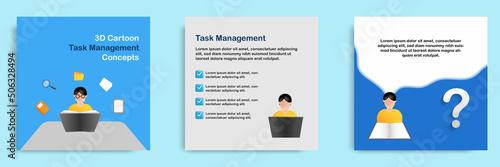 Social media tutorial, tips post banner layout template in 3D cartoon style. Study, reading book, research concept