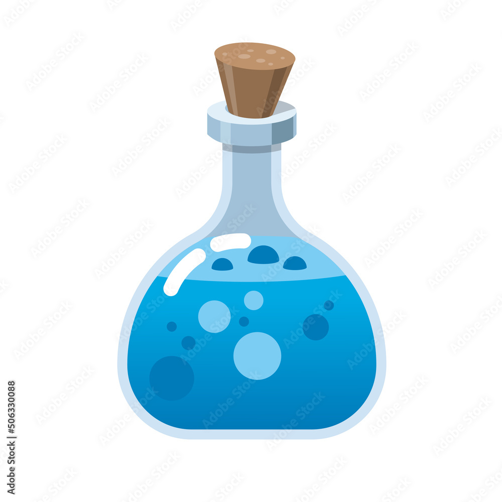 Magic bottle of glass. Alchemy love elixir in glass flask. Cork and blue potion, cartoon vector with hearts. Witchcraft blue potion of witch or poison Magic bottle of glass. Alchemy love elixir in glass flask. Cork and blue potion, cartoon vector with hearts. Witchcraft blue potion of witch or poison