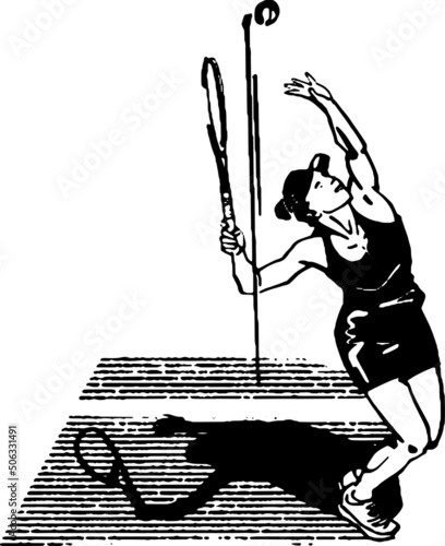black and white vector sketch silhouette of the big tennis female player