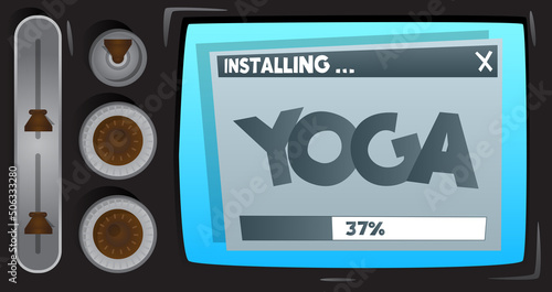 Cartoon Computer With the word Yoga. Message of a screen displaying an installation window.