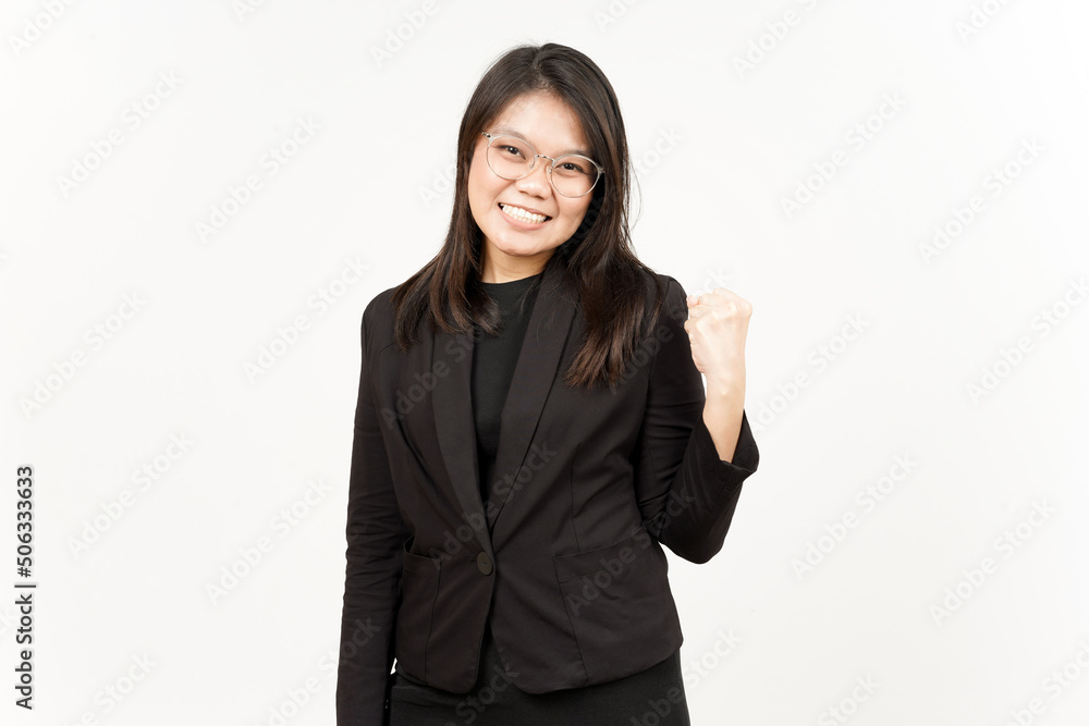 Yes and Celebration Gesture Of Beautiful Asian Woman Wearing Black Blazer Isolated On White Yes and Celebration Gesture Of Beautiful Asian Woman Wearing Black Blazer Isolated On White