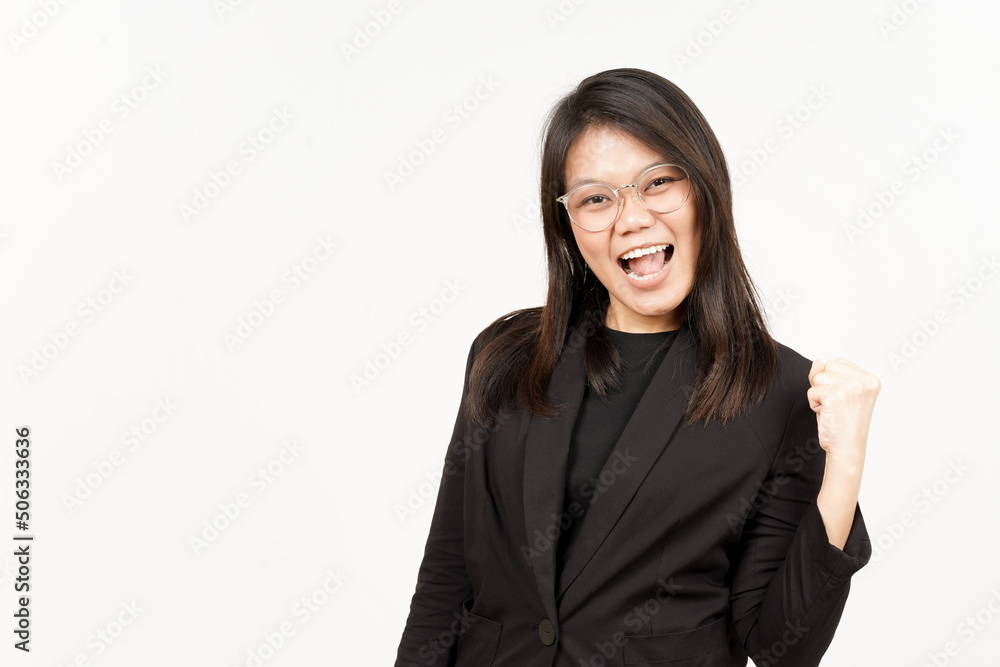 Yes and Celebration Gesture Of Beautiful Asian Woman Wearing Black Blazer Isolated On White