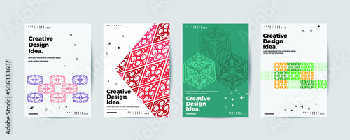 Company identity brochure template collection with asian kazakh ornaments. Business presentation vector A4 vertical orientation front page mock up set. Corporate report cover abstract illustration