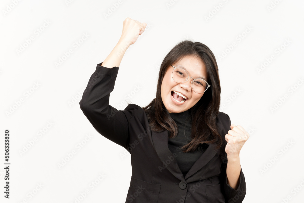 Yes and Celebration Gesture Of Beautiful Asian Woman Wearing Black Blazer Isolated On White Yes and Celebration Gesture Of Beautiful Asian Woman Wearing Black Blazer Isolated On White