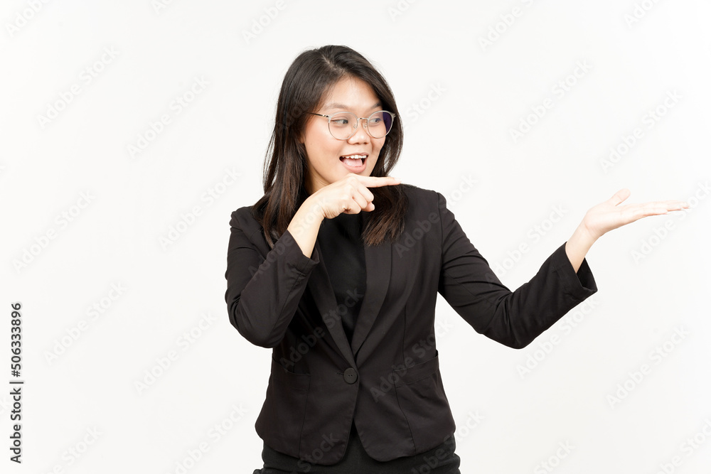 Showing and Presenting Product on Open Palm Of Beautiful Asian Woman Wearing Black Blazer Showing and Presenting Product on Open Palm Of Beautiful Asian Woman Wearing Black Blazer