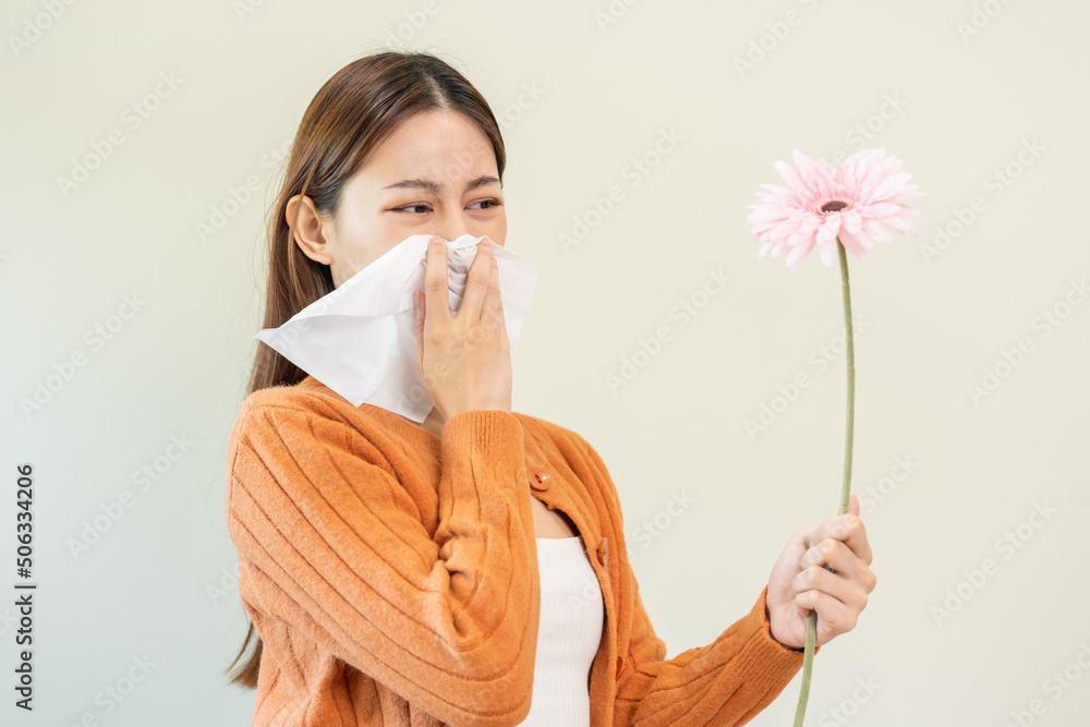 Allergic rhinitis symptom of odor pollen flowering, portrait asian