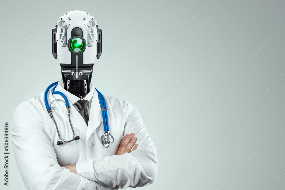 Doctor in a coat with a robot head and a stethoscope, robotic doctor is the  future of medicine. Artificial intelligence Modern technologies of neural  networks. mixed media. foto de Stock | Adobe