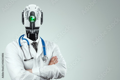 Doctor in a coat with a robot head and a stethoscope, robotic doctor is the future of medicine. Artificial intelligence Modern technologies of neural networks. mixed media.