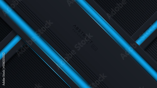 Black abstract diagonal overlap layers background with blue light decoration