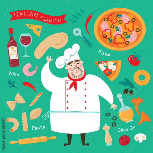 Funny Italian chef and ingredients of traditional cuisine. Cartoon style vector template. 