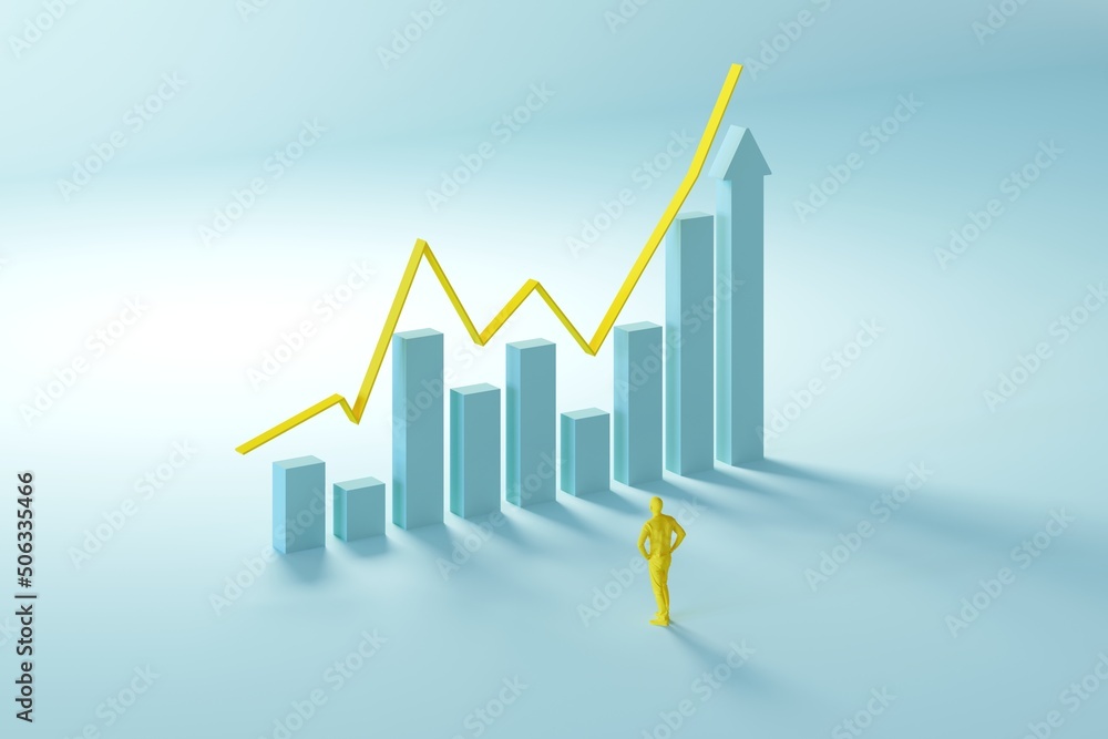 Human looking Stock chart bar growth up success idea concept on blue background. 3D minimal business idea concept. Human looking Stock chart bar growth up success idea concept on blue background. 3D minimal business idea concept.
