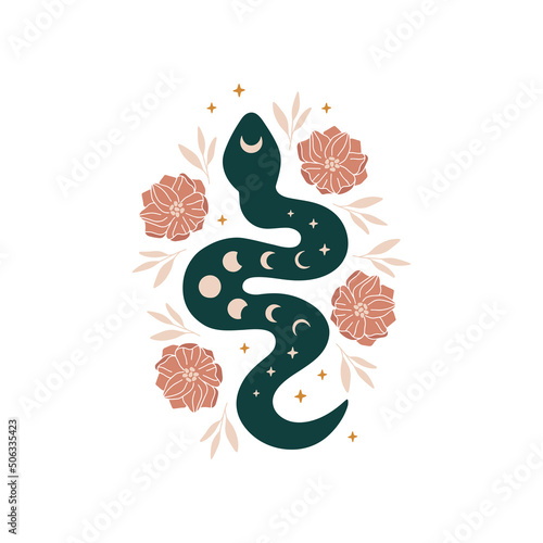 Mystical floral snake vector illustration. Celestial silhouette serpent with moon phase and flowers isolated on white. Boho animal design for logo, card, poster, t shirt print, tattoo.