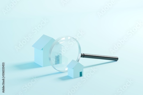 Closeup Magnify glass and home with house on blue color background for copy space. Minimal idea concept business. 3D Render