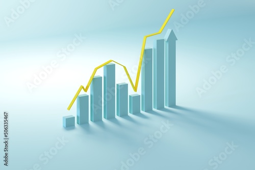 Human looking Stock chart bar growth up success idea concept on blue background. 3D minimal business idea concept.