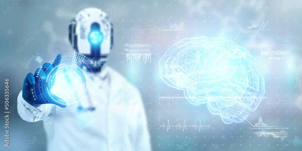 Doctor in a coat with a robot head and a stethoscope, robotic doctor is the future of medicine. Artificial intelligence Modern technologies of neural networks. mixed media. Doctor in a coat with a robot head and a stethoscope, robotic doctor is the future of medicine. Artificial intelligence Modern technologies of neural networks. mixed media.