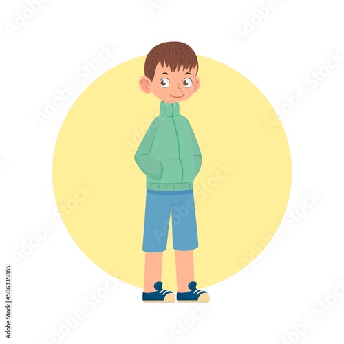 Cheerful boy active pose, cartoon style flat illustration.
