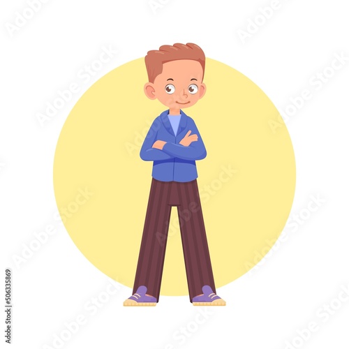 Cheerful boy active pose, cartoon style flat illustration.