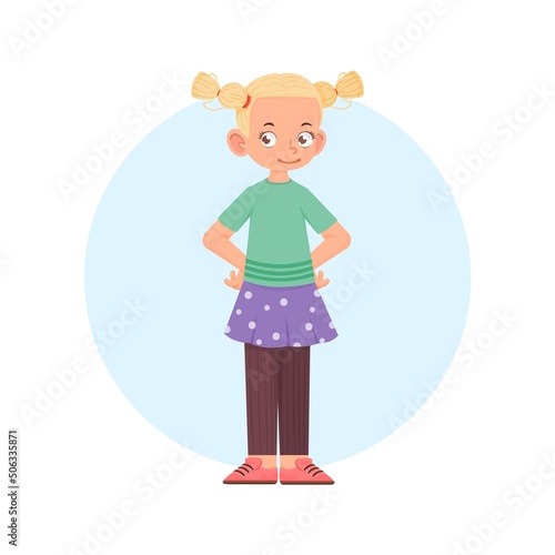 Cheerful child active pose, cartoon style flat illustration.