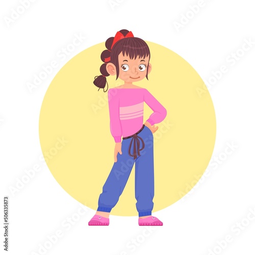 Cheerful child active pose, cartoon style flat illustration.