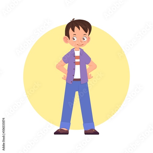Cheerful boy active pose, cartoon style flat illustration.