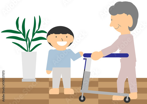 孫と室内用歩行器で歩く高齢者