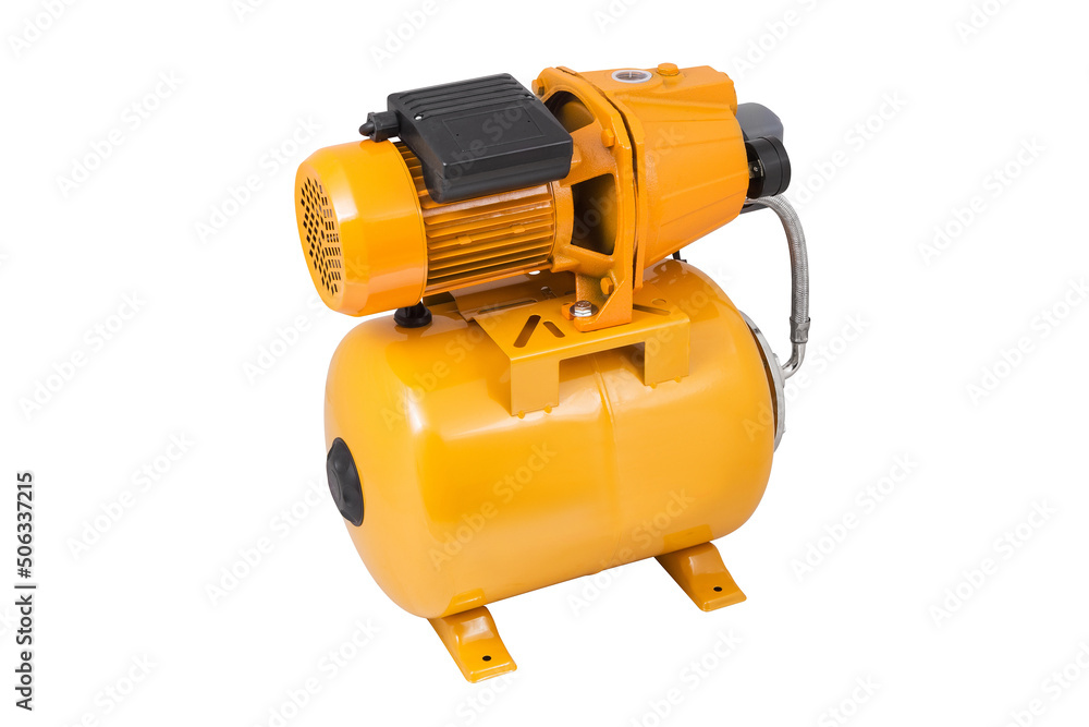 Fototapeta premium Modern electric automatic garden water pump supply for house and field isolated on white background. Orange garden water pump