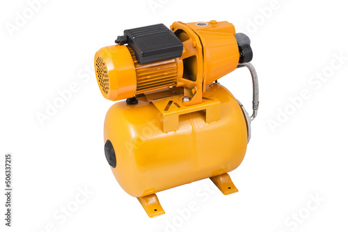 Modern electric automatic garden water pump supply for house and field isolated on white background. Orange garden water pump