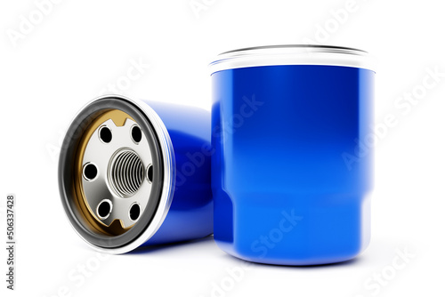 Blue fuel filter car on white background. 3d illustration. Car Repair Parts