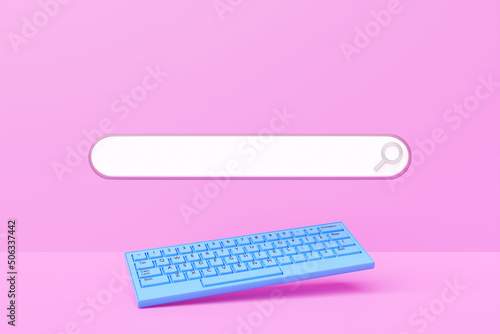 3D illustration of a blue keyboard with a search frame, a box, an internet panel with a magnifying glass icon, and an audio search. The concept of a modern audio search on the Internet