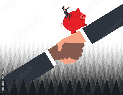 Financial crisis and economic recession. businessman helps in overcome obstacles during a crisis, Businessman riding a piggy bank