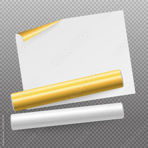 Roll of golden and silver gift paper, vector realistic illustration on a transparent background.