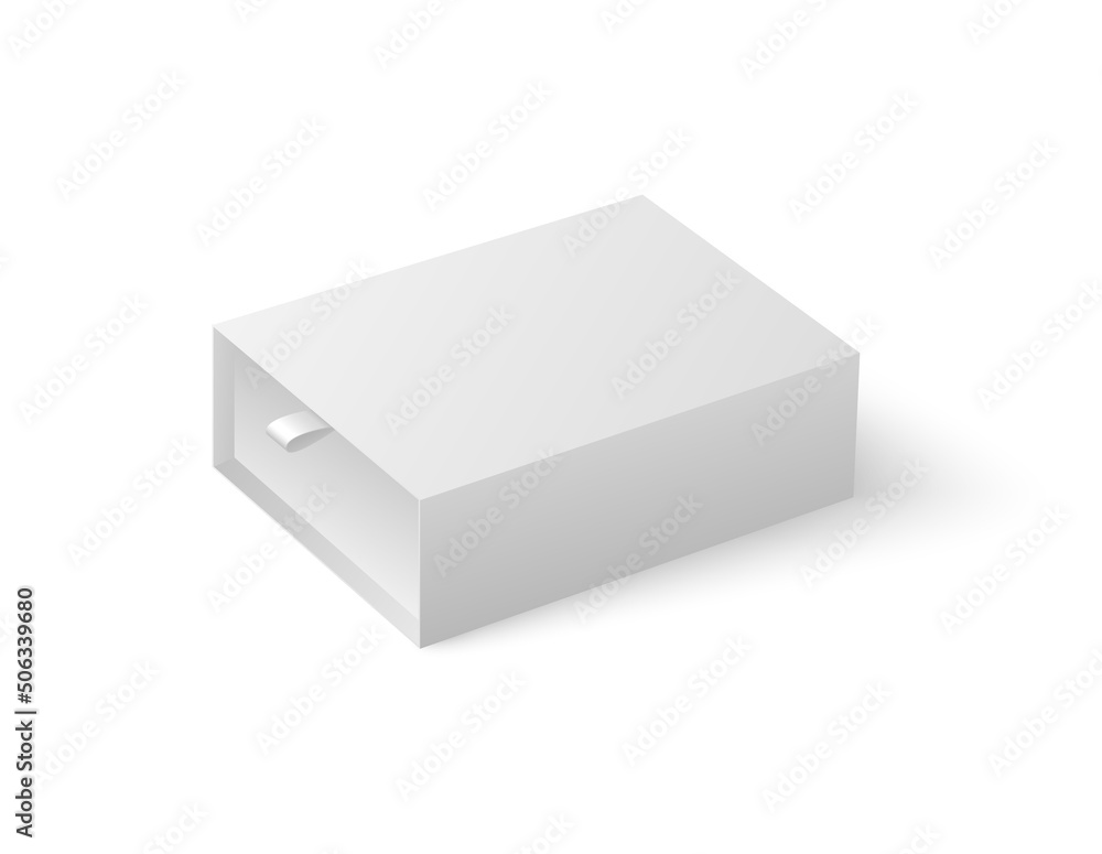 Realistic slide box mockup with ribbon to pull out, 3d vector illustration isolated on white background. Realistic slide box mockup with ribbon to pull out, 3d vector illustration isolated on white background.