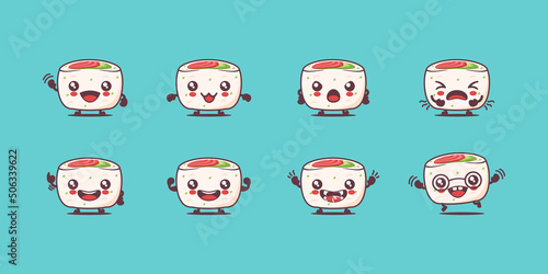 Urumaki sushi cartoon. japanese food vector illustration. with different faces and expressions