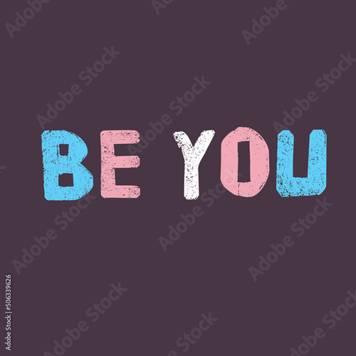 Be You and who you are support motivational self-determination phrase in Trans flag colors. Shy Enby’s Guide for Cis Trans People. Vector illustration for banner party poster, sticker, cloth, website.