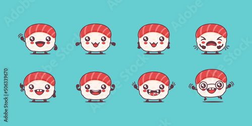Nigiri sushi cartoon. japanese food vector illustration. with different faces and expressions