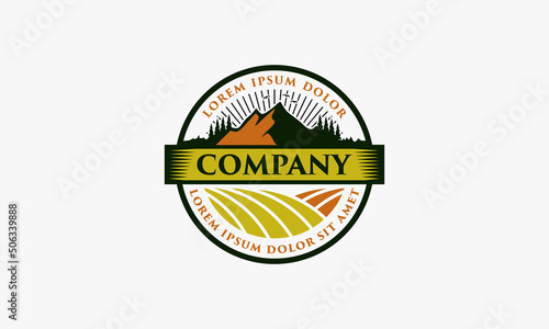 illustration vector graphic logo design, emblem badge stamp style, combination mountain, sunlight, pine trees, plantation field