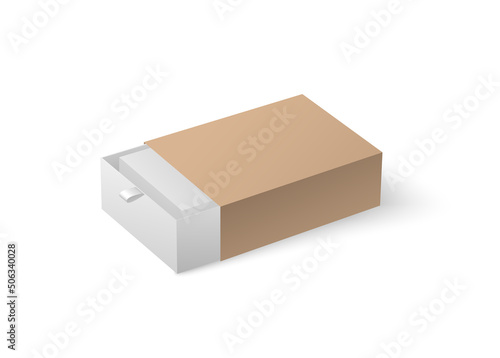 Beige, brown open box slider, mockup, on white background vector realistic illustration.