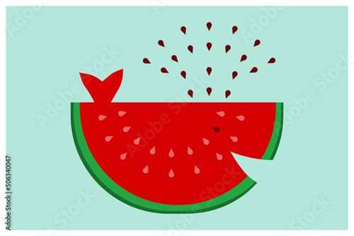 Vector Design watermelon slice in the form of a whale releasing a fountain of seeds