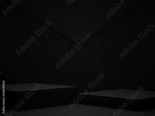 3D black geometric product podium. Dark stage background.