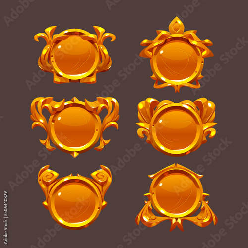 Golden game buttons, achievement badges with fantasy frames. Vector set of golden icons in medieval style, circle award labels with decorative borders isolated on background