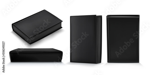 Template of blank paper book with black cover. Vector realistic mock up of 3d standing and lying closed catalog, big textbook, diary or dictionary with empty hardcover