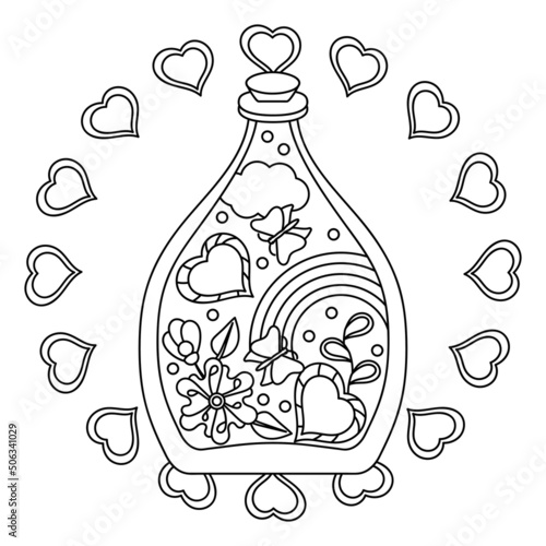 A bottle with a magic love potion. Rainbow, hearts, butterflies, flowers. Romantic composition. Coloring book for girls. Vector black and white illustration.