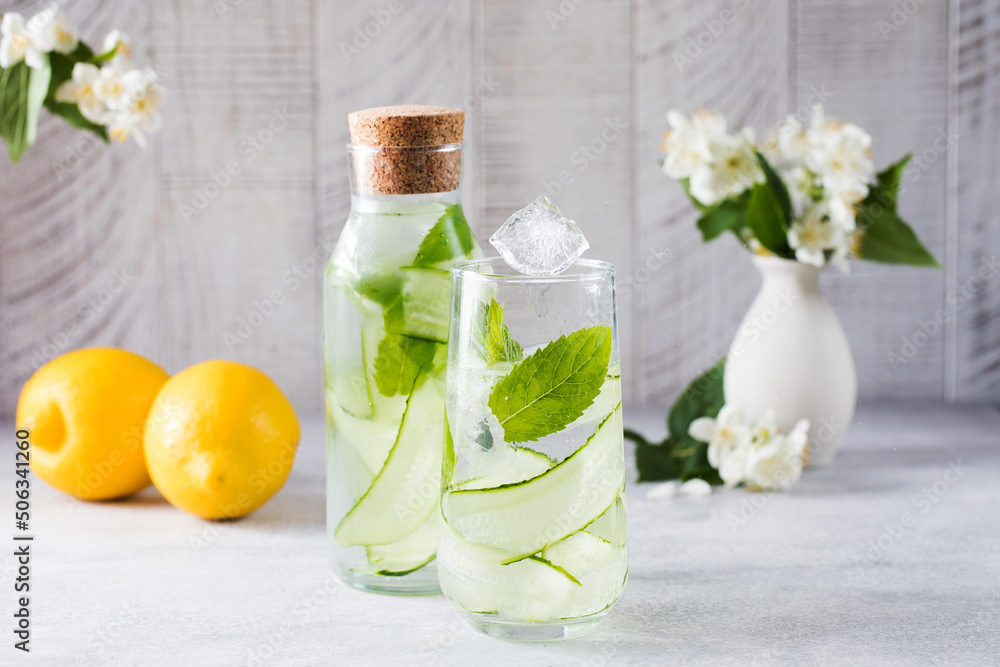 Detox water with cucumber, mint and lemon juice. Cucumber water.