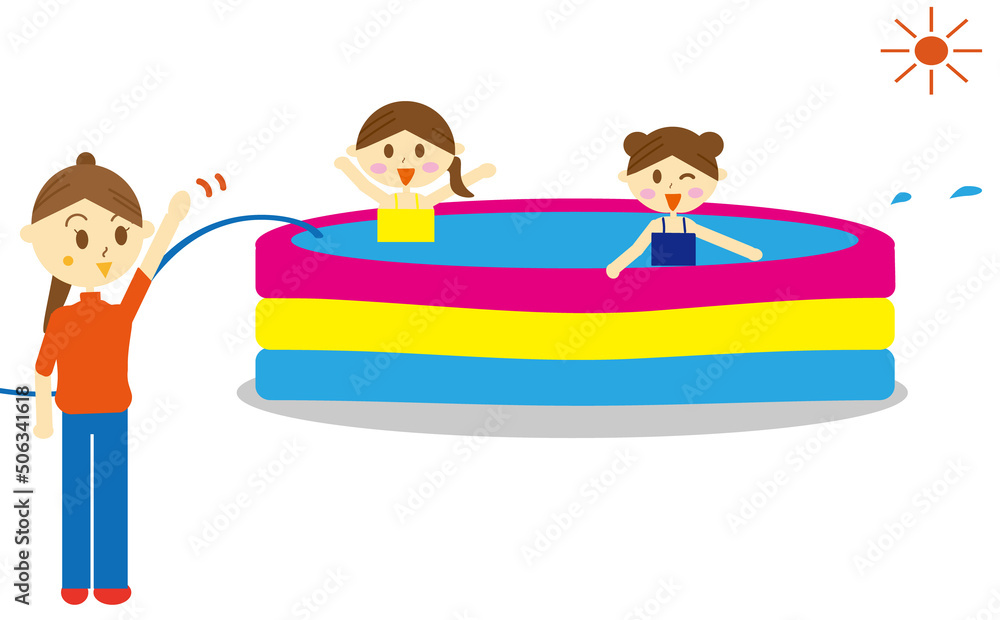 自宅の庭の家庭用プールで水遊びをする二人の女の子とそれを見守る母親のイラスト・夏休みm・暑い・風景 自宅の庭の家庭用プールで水遊びをする二人の女の子とそれを見守る母親のイラスト・夏休みm・暑い・風景