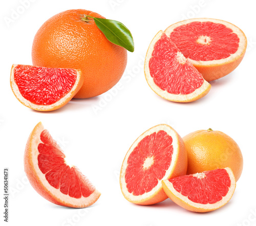 Set with whole and cut ripe juicy grapefruits on white background