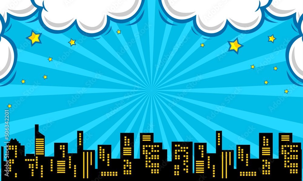Comic blue background with city silhouette and cloud illustration